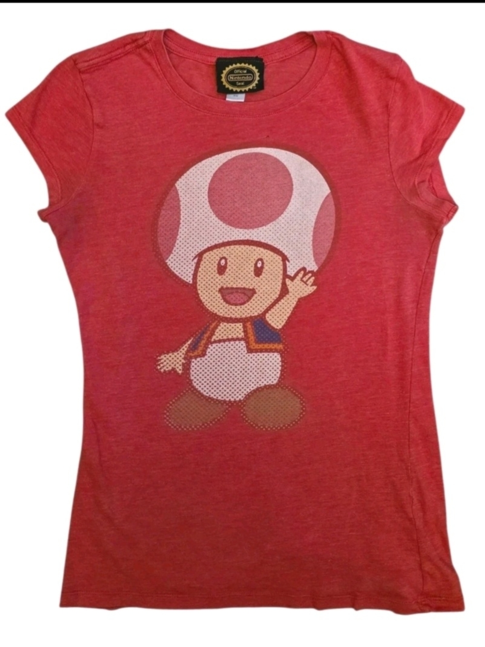 Official Nintendo Merch Ladies Size Med. Red Toad Print Graphic Baby Tee 2010